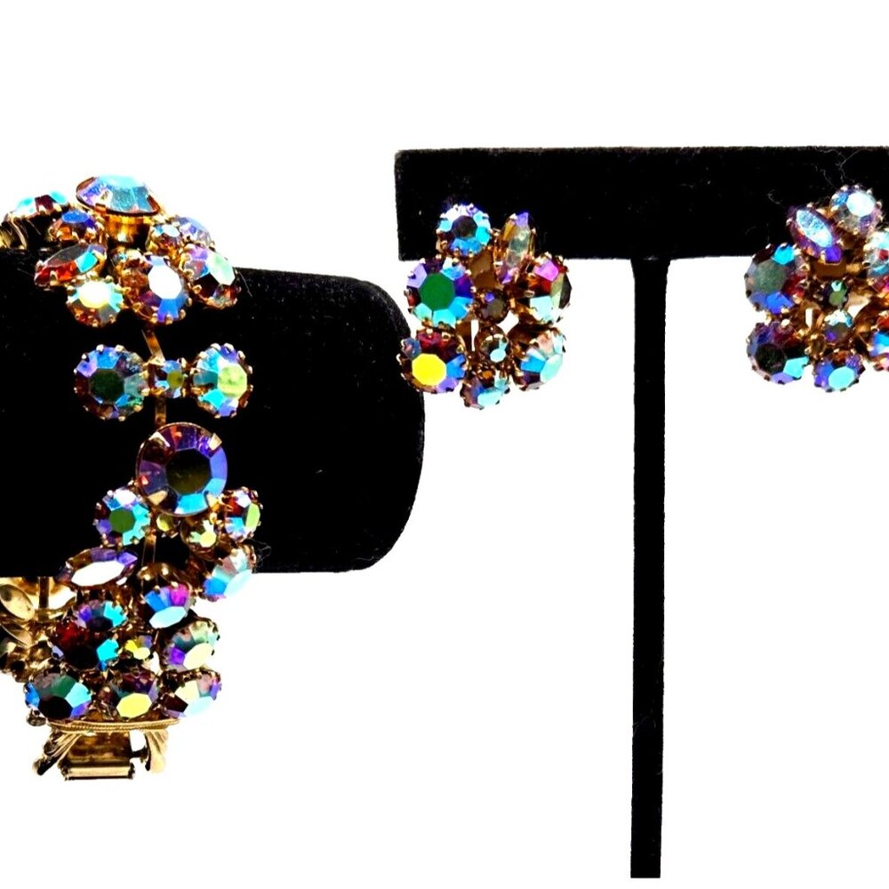 Stunning AB Crystal Continental Signed Vintage Bracelet + Clip Earrings Set 50's